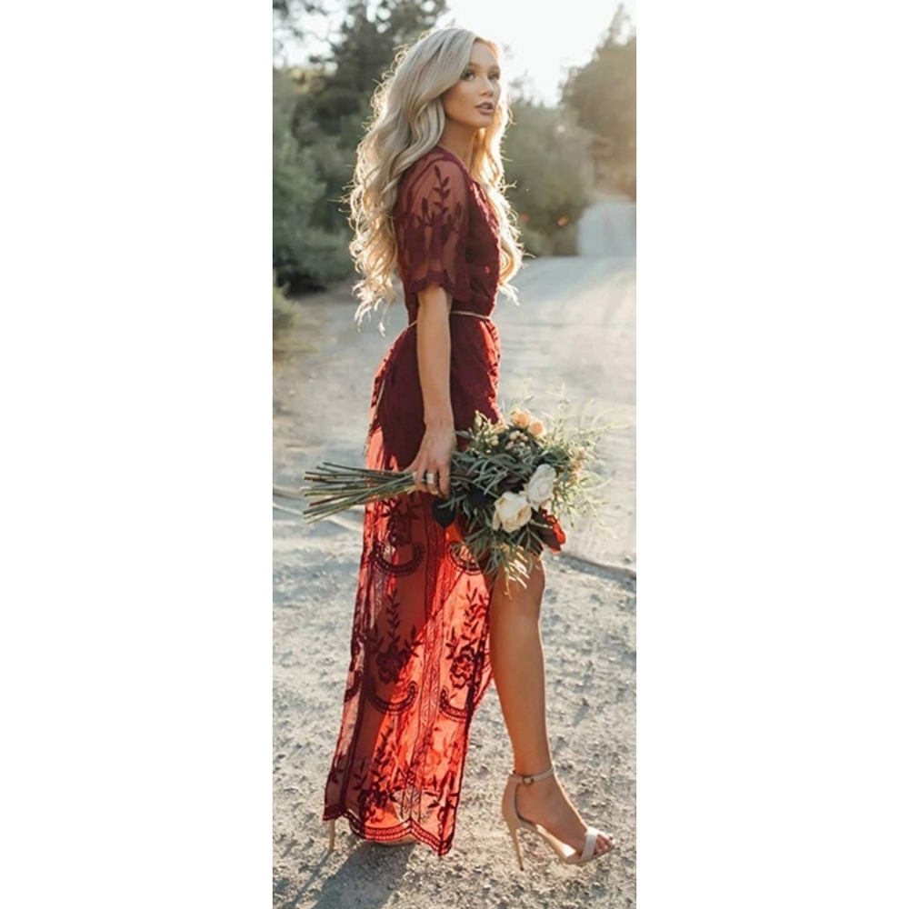 5⭐Romantic maroon v-neck lace eyelet maxi romper - Picture 3 of 9
